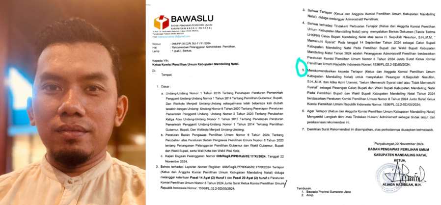 Wakil Direktur Pusat Kajian Parpol dan Pemilu Fisip USU, Fuad Ginting dan surat rekomendasi Bawaslu Madina.